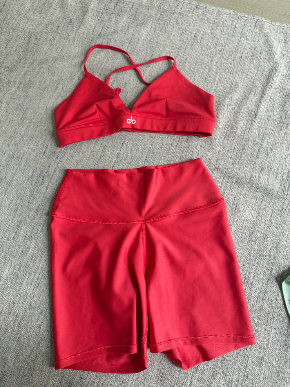 ALO Yoga Bright Red Strappy Bralette and High-Waist Bike Shorts Set